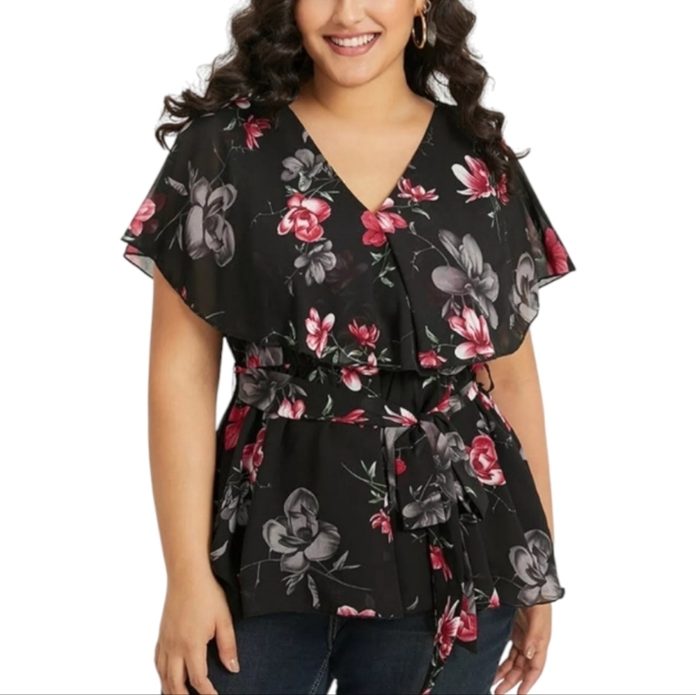 BloomChic Floral Boho Batwing Sleeve Cottage Belted Wrap Blouse - Women's